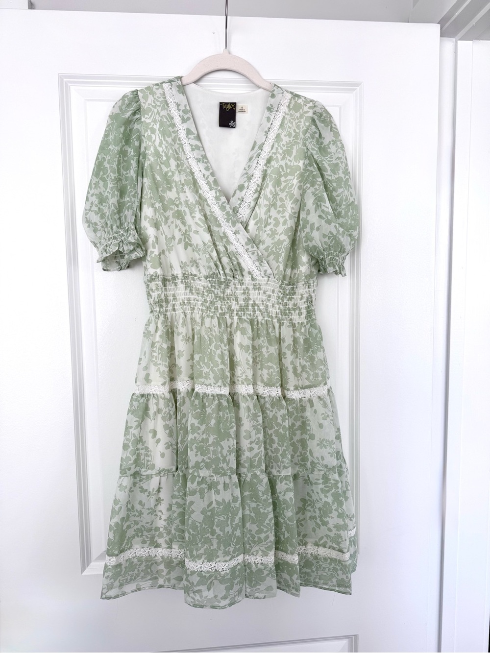 Taylor Light Green Floral Wrap Midi Dress Size S